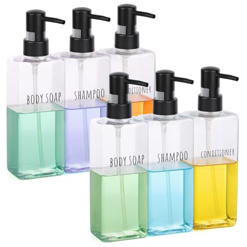 Segbeauty Soap Dispenser Bathroom Set, Pack of 6 Clear Plastic Square Refillable Soap Dispenser, 500ml Empty Shampoo and Conditioner Bottles for Shower, Modern Soap Lotion Dispenser for Bathroom Hotel