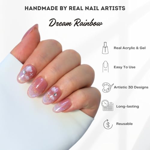 Hanakoko Press on Nails Handmade Nails 3D Press on Nails Short Medium Oval Almond Nails Fake Nails Glitter Cat Eye Nails Gel Nails Durable Reusable False Nails 10 Pcs (Dream Rainbow, S)