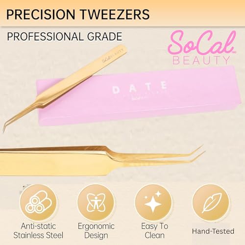 Date Classic Pickup Lash Tweezer by SoCal Beauty | Precision Gold Eyelash Tweezer for Eyelash Extensions, Hand-Tested with 1mm Guide ? Ideal Lash Tweezer for Eyelash Extension