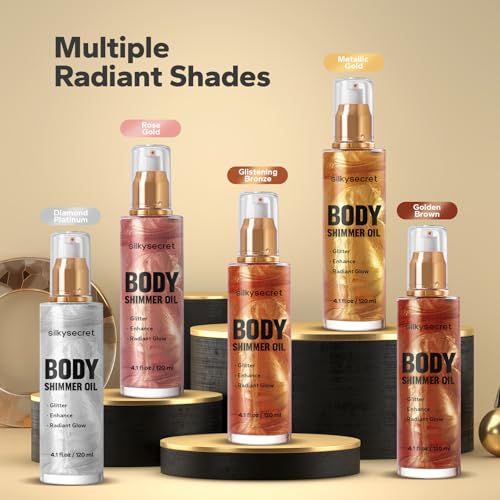 Body Shimmer Oil (4.1 Fl Oz), Body Shimmering, Long-Lasting Moisturizing, Body Oil for Radiant Glow, Glitter Glow Oil, Body & Face Makeup, Rose Gold