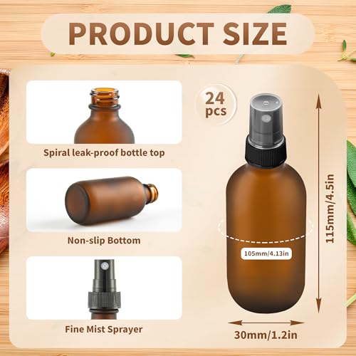 BILLIONSTARS 24 Pack 2oz Glass Boston Round Bottle with Fine Mist Sprayer - Amber Frosted - Essential Oils, Bath, Beauty, Hair & Cleaning - Leakproof Travel Bottles