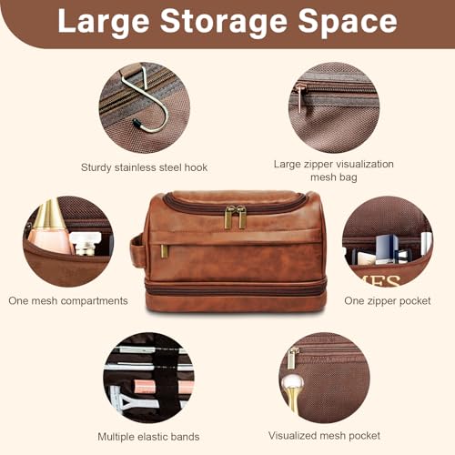 Toiletry Bag for Men, Large Leather Travel Essentials Shaving Kit, Water Resistant Bathroom Toiletries Organizer Cosmetic Bags, Gifts for Men, Him, Father, Dad, Husband, Son, Boyfriend, Grandpa
