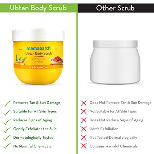 MAMAEARTH Ubtan De Tan Body Scrub | Removes Tanning with Saffron & Turmeric | Gently Exfoliates Dead Skin & Gives Glowing Skin | Suits All Skin Types | 7.05 Oz/200 g