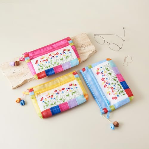 Korean Traditional Patchwork Pouch ? Hand-Embroidered Floral Design with Zipper (Light Blue)