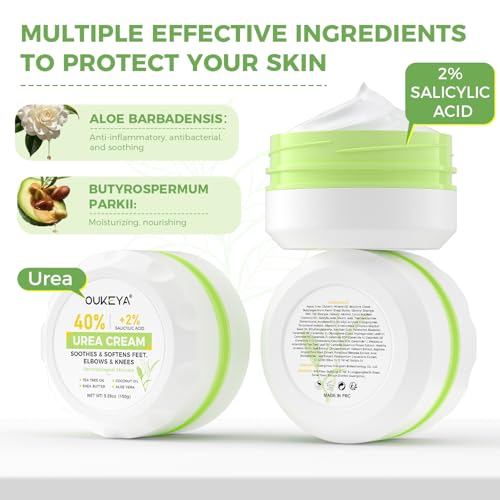 OUKEYA 40 Percent Urea Foot Cream,with Salicylic Acid,Tea Tree Oi & Ceramides,Cracked Heel Smooth | Dry Skin Exfoliator | Nourishes | For Foot,Hands, Elbows, Knees 5.29 Oz
