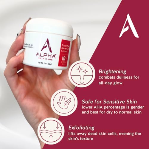 Alpha Skin Care Essential Renewal Cream, 10% Glycolic AHA, Anti-Aging Formula, Reduces Lines & Wrinkles, Hydroxy Acid Exfoliates for Smoother Skin, Normal, Sensitive or Dry Skin, 2 Oz, Pack of 3