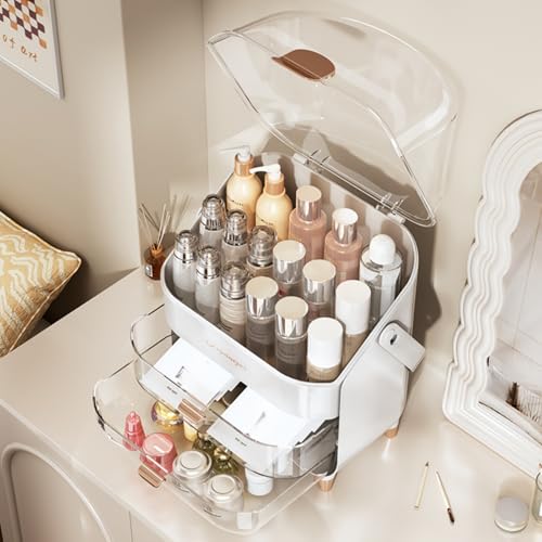 Makeup Organizer, Skincare Organizers with Clear Lid & 2 Drawers and 360¡Æ Rotating Brush Holder