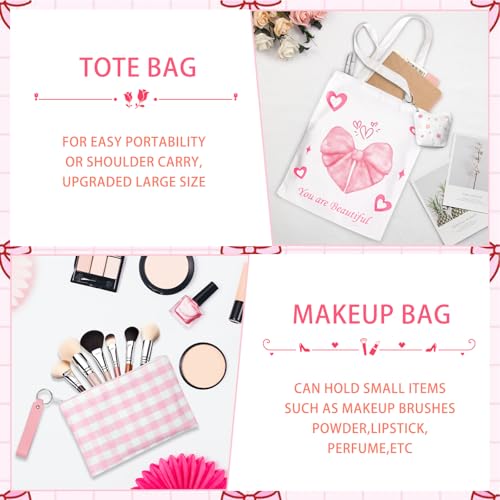 Coquette Pink Bow Canvas Tote Bag - 3 PCS Pink Bow Cotton Preppy Canvas Bag Set with Pink Plaid Makeup Bag and Cute Mini Bag, Reusable Grocery Shopping Bag, Coquette Stuff Tote Bag Gifts for Girls