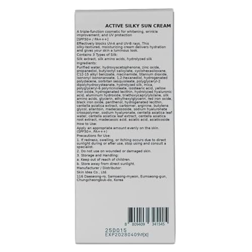Active Silky Sun Cream 50 ml / 1.69 fl oz SPF50+ PA+++, Sun Cream for Face with Peptide and Silk