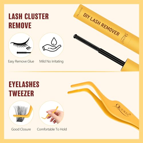 QUEWEL DIY Lash Extension Kit, Lashes Clusters Bond and Seal Waterproof, Eyelash Clusters Applicator Tool with Cluster Lashes Glue Remover for Natural Look DIY At Home(ZS-H01-kit)