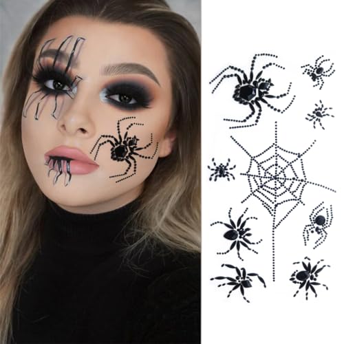 2 Sheets Spider Face Jewels Gems Tattoos for Halloween Makeup, Spider Web Crystal Rhinestone Temporary Sticker Body Face Jewels Stick on Halloween Festival Rave Party Dress-up