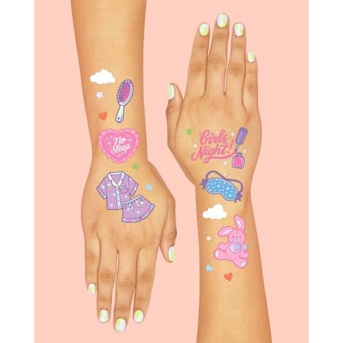 xo, Fetti Pink Sleepover Party Temporary Tattoos for Girls - 52 styles | Pink Birthday Party Supplies, Girls Movie Night Goodie Bag Favors, Cute Bday Decorations, Easter Basket, Stocking Stuffer