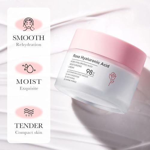 Rose Day Face Cream with Natural Rose Oil, Rose Moisturizing Cream with Hyaluronic Acid, Moisturizing and firming Face Cream, Rose Water Revitalizing Day Cream, Face Moisturizer for dry skin
