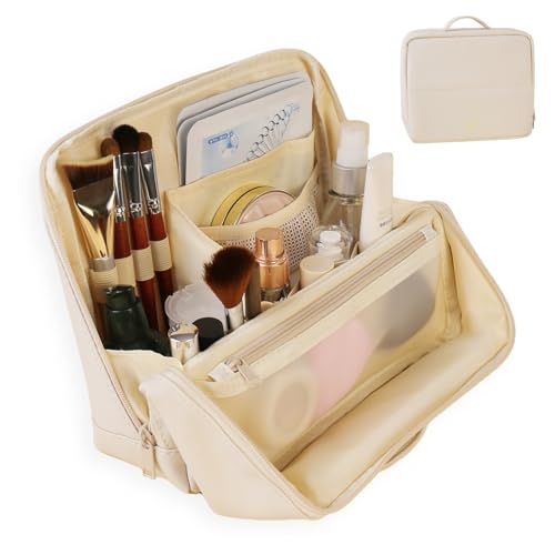 Makeup Bag,Large Capacity Cosmetic Bags for Women,Portable Toiletry Bag Free-Standing Brush Holder for Easy Access