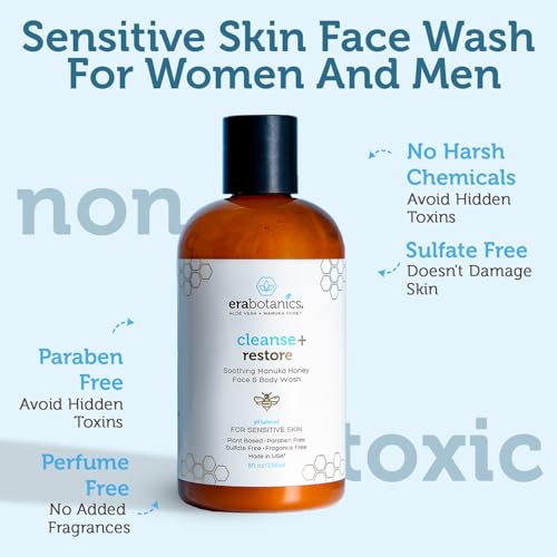 Era Organics Manuka Honey Face Wash for Sensitive Skin - Sulfate Free Gentle Cleanser with Organic Aloe Vera, Hyaluronic Acid & More - Soothing & Moisturizing for Dry Skin - Made in USA (4 oz)