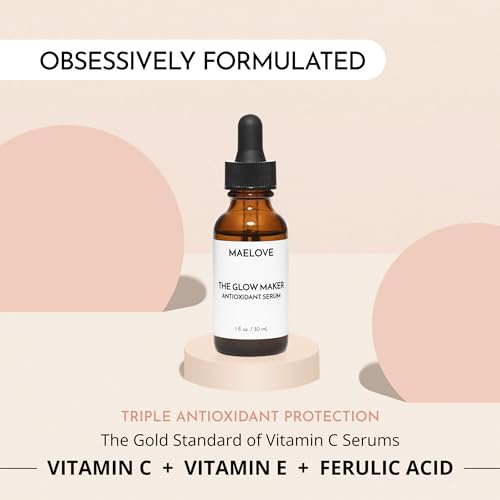 MAELOVE Glow Maker Vitamin C Serum with Vitamin E, Ferulic Acid & Hyaluronic Acid, Award-Winning Brightening and Hydrating Facial Serum, Unscented, 1.0 fl oz