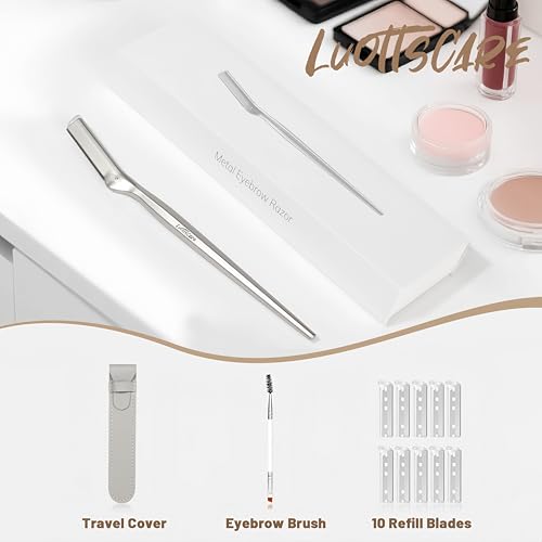 Stainless Steel Eyebrow Razor - Face Razors with Travel Cover & 10 Refill Blades, Eyebrow Brush - Help Exfoliate and Smooth Skin for Eyebrow, Leg, BIKINI, Facial, Beard Remove - L