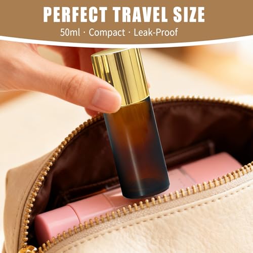 2Pack Green Aventurine Roller Bottles for Essential Oils, 50ml Refillable Amber Glass Roll On Bottles with Natural Crystal Roller Balls, Leak-Proof Travel Perfume Bottle with Gold Caps
