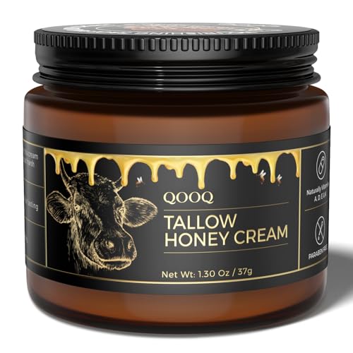 QOOQ 100% Grass Fed Beef Tallow for Skin with Raw Honey & Beach Rose Oil - for Sensitive & Eczema Skin - Natural Face/Body Butter + Lip Balm, Coffee, 1.3 oz