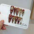 Imperial Bridal Press On Nails Long Stiletto,Phoenix Vermeil Ruby Filigree Designs Glue on Nails,Heirloom Cameo False Nails 10Pcs with Tools Kit,Reusable Wedding Fake Nails for Bride Matron(L)