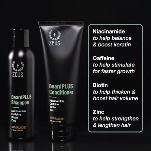 ZEUS BeardPLUS Beard Shampoo & Conditioner Set for Men, Hair Growth Treatment for Hydration, Softness & Thickness with Biotin & Caffeine (Made in USA) Combo Set