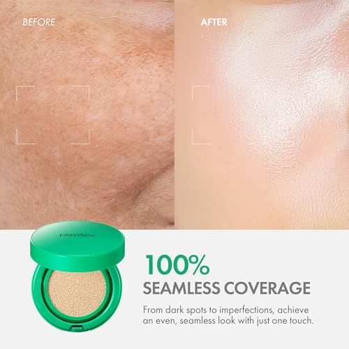 Easydew Mela B Toning Ampoule Cushion - 2-in-1 Korean Skin Care & Face Beauty Makeup - Age-Defying Full Coverage Cushion Foundation with Niacinamide & Hyaluron-Vital C 0.45 oz (#21 Beige)