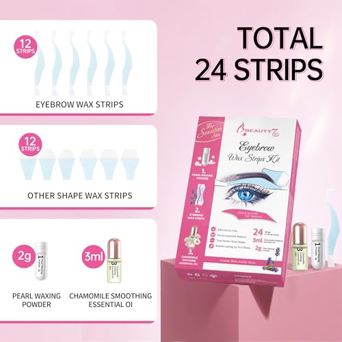 Beauty7 Sensitive Eyebrow Wax Strips Kit - 24 Strips with Pearl Powder & Essential Oil for Women with Sensitive Skin