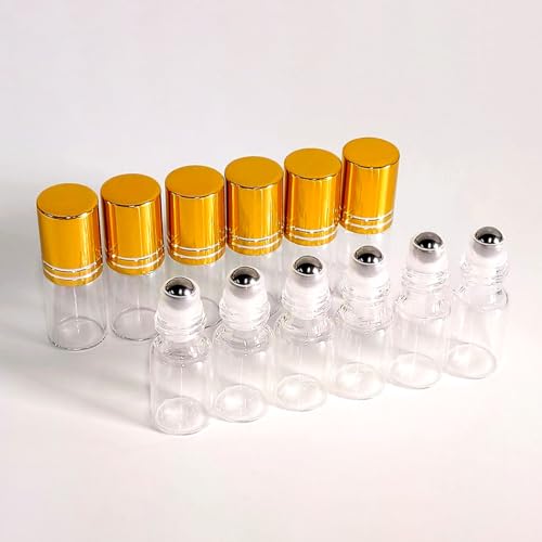 50 PCS Essential Oil Roller Bottles 3ml Clear Glass Roller Bottles with Stainless Steel Roller Ball,Gold Caps,for Travel Perfume-2 Funnels, 2 Dropper, 1 Opener(3ml)