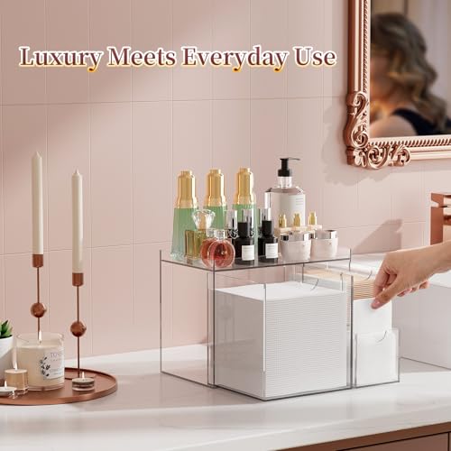 Youdepot Acrylic Face Towel Holder with Drawer ? 4-Layer Disposable Face Towel Holder Organizer Box ? Bathroom Countertop Storage for Cotton Pads, Swabs, and Skincare(Clear)