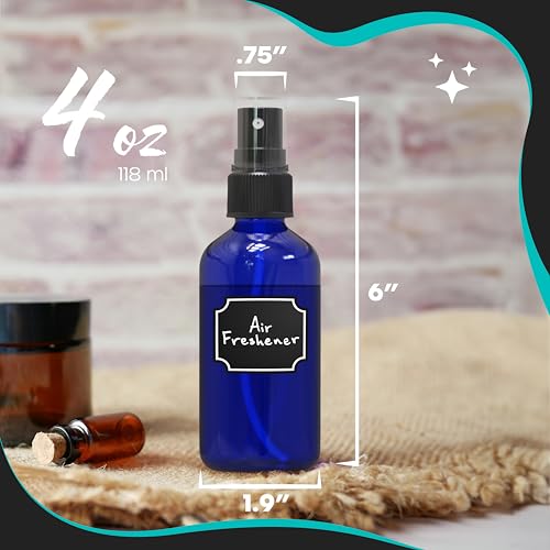Nevlers Blue Glass Spray Bottles 4 Oz 24 Pack | Mini Spray Bottle Small Set with Labels, Marker, Funnel, Brush & Wrap | Blue Bottle For Face & Hair Products | Practical 4 Oz Bottles for Essential Oils