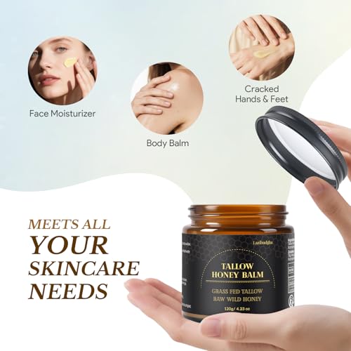 Beef Tallow for Skin, Tallow and Honey Balm for Face, Grass-Fed Tallow for Body, Deep Nourishing 4.2 oz / 120g