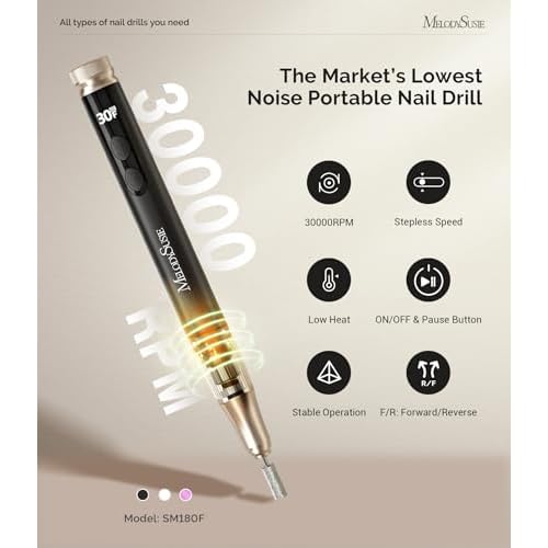 MelodySusie Pen-Shaped Cordless Nail Drill with Adjustable Stepless Speed,SM180F 30000RPM Portable Rechargeable E-File with LED Display for All Manicure Shaping & Acrylic Gel Removal for Pro at Home