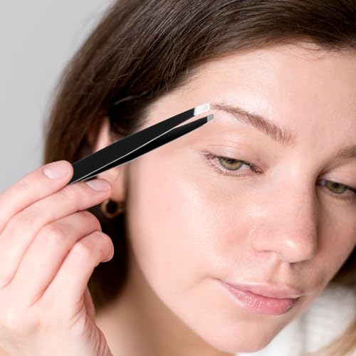 12 Pcs Eyebrow Tweezers Bulk, Stainless Steel Tweezers for Eyebrows Slanted Tip Precision Tweezer for Facial Hair Ingrown Hair Blackhead Splinter Removal and Lash Extension for Men Women (Black)