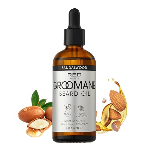 Red by Kiss Groomane Beard Oil, Argan Oil & Sweet Almond Oil, Paraben & Phthalate-Free, Hydrates, Softens Healthy Smooth Beard Hair (3 fl.oz, Sandalwood)