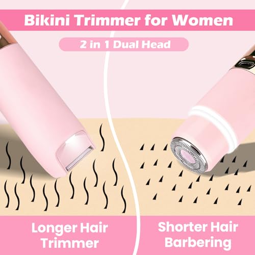 Electric Bikini Trimmer for Women, Electric Razors for Women Glow Aura Womens Shaver, Quiet Dual Head Waterproof Cordless Rechargeable Painless Trimmer for Underarms, Legs, Body (Pink)