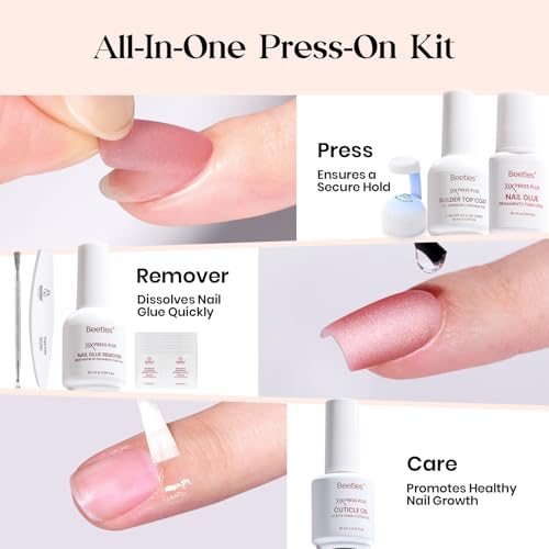 Beetles X Press Plus Gel Nails Kit - Candy Nova | 7 Colors Nude Cat Eye Press On Nails Short Square | 224Pcs 16 Sizes All-in-One Kit With Nail Glue,Remover,Builder Top Coat,Nail Lamp Gift