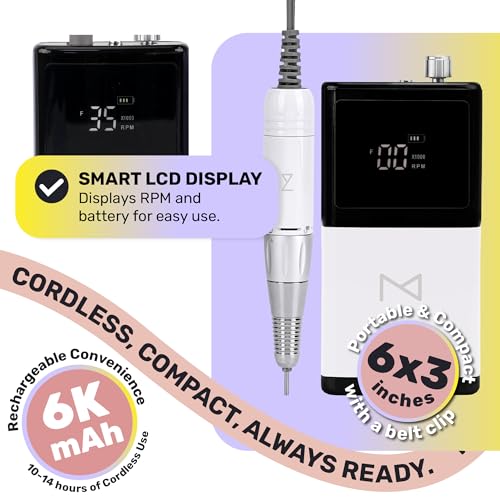 M - E-ZDrill Rechargeable Electric Nail Drill, 35k RPM, Smart Speed & Battery LCD, Portable Lightweight, Forward/Reverse, Aluminum Metal, Acetone Resistant Nail Drill (White)