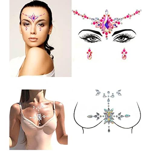 Rhinestone Mermaid Face Gems Rave Body Jewelry Tattoo Pink Body Stickers Festival Chest Gems for Women and Girls 2PC