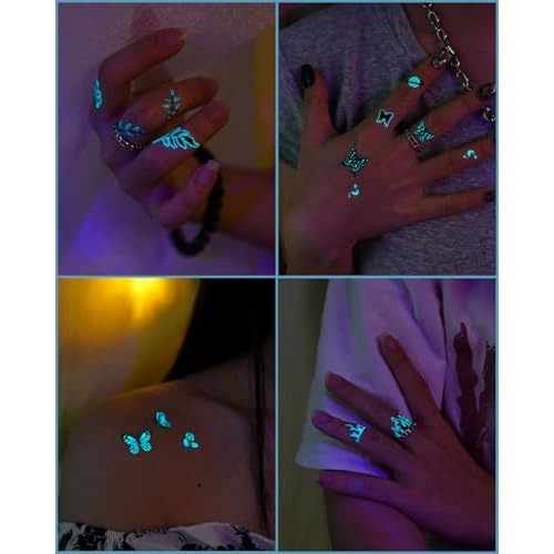 Glow In The Dark Butterfly Nail Temporary Tattoos for Women Girls Adult, Luminous Flower Butterflies Wings Fake Black Tattoo Stickers Art Makeup Waterproof for Face Body Arm Party Favors