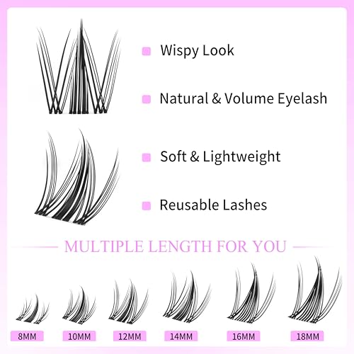VEYESBEAUTY Manga Lash Clusters Eyelash Extensions Thin & Invisible Band DIY Individual False Eyelashes Newbie's Five-Second Series Wispy Lash Tray for Self-application, Lashes 8-18mm Mixed Length