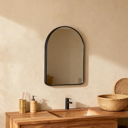 Funly mee Arched Wall Mirror, Wall-Mounted Plastic Mirror, for Bathroom and Vanity (Black, 11.8 x 15.8)