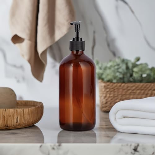 (4 Pack) 16 oz Amber Glass Boston Round Bottle with Black Lotion Pump