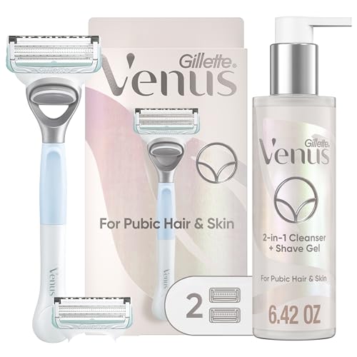 Gillette Venus for Pubic Hair and Skin Shaving Set, Women¡¯s Razor, 1 Handle + 2 Blade Refills + 2-in-1 Cleanser