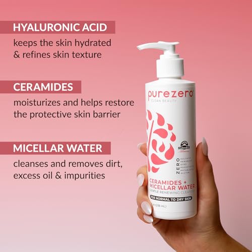 Purezero Hydrating Gentle Face Cleanser ? Hyaluronic Acid Gentle Moisturizing Cleanser + Ceramides, Micellar Water, Fragrance-Free, Zero Sulfates, Parabens, Vegan & Cruelty-Free, 8 oz