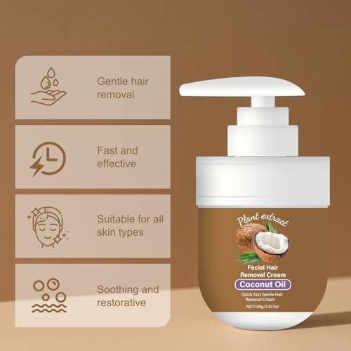 Facial Depilatory Cream, 100ML Coconut Facial Hair Removal Cream for Women for Upper Lip & Chin for Women for Sensitive Skin, Gentle and Non-irritating (/3.52 FL.OZ)