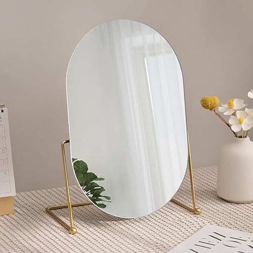 Desk Vanity Mirror with Stand Tabletop Makeup Table Mirrosr Portable Gold Make Up Mirror for Bedroom Golden Metal Framed Folding Bathroom Shaving Cosmetic Mirror