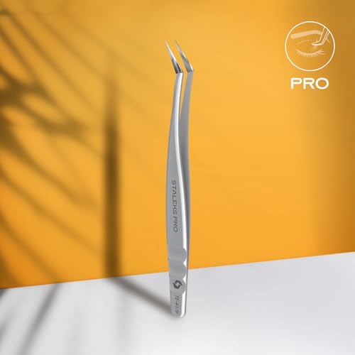 STALEKS PRO Expert 41 Type 9 Professional Eyelash Tweezers (L-Shaped 35¡Æ) ? Stainless Steel for Mega-Volume 2D-8D Lash Extensions & Long Working Edges