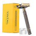 Double Edge Safety Razors,Classic Men Shaving Butterfly Open Razor - Bronze Long Handle Women Razors With 5 Blades,Reusable Metal Brass Manual Shaver Close Comb