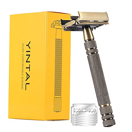 Double Edge Safety Razors,Classic Men Shaving Butterfly Open Razor - Bronze Long Handle Women Razors With 5 Blades,Reusable Metal Brass Manual Shaver Close Comb