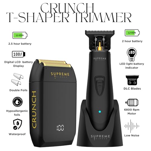 Supreme Trimmer 2-in-1 T-Shaper Trimmer & Crunch Foil Shaver | STF602 Electric Razor & ST5206 DLC Beard Trimmer Barber Haircut Kit | Black
